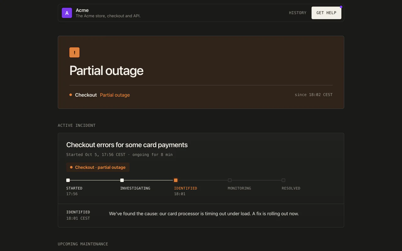 Acme's public status page during INC-1: a partial outage banner naming Checkout, and the active incident's progress from started through investigating to identified, with its latest update.